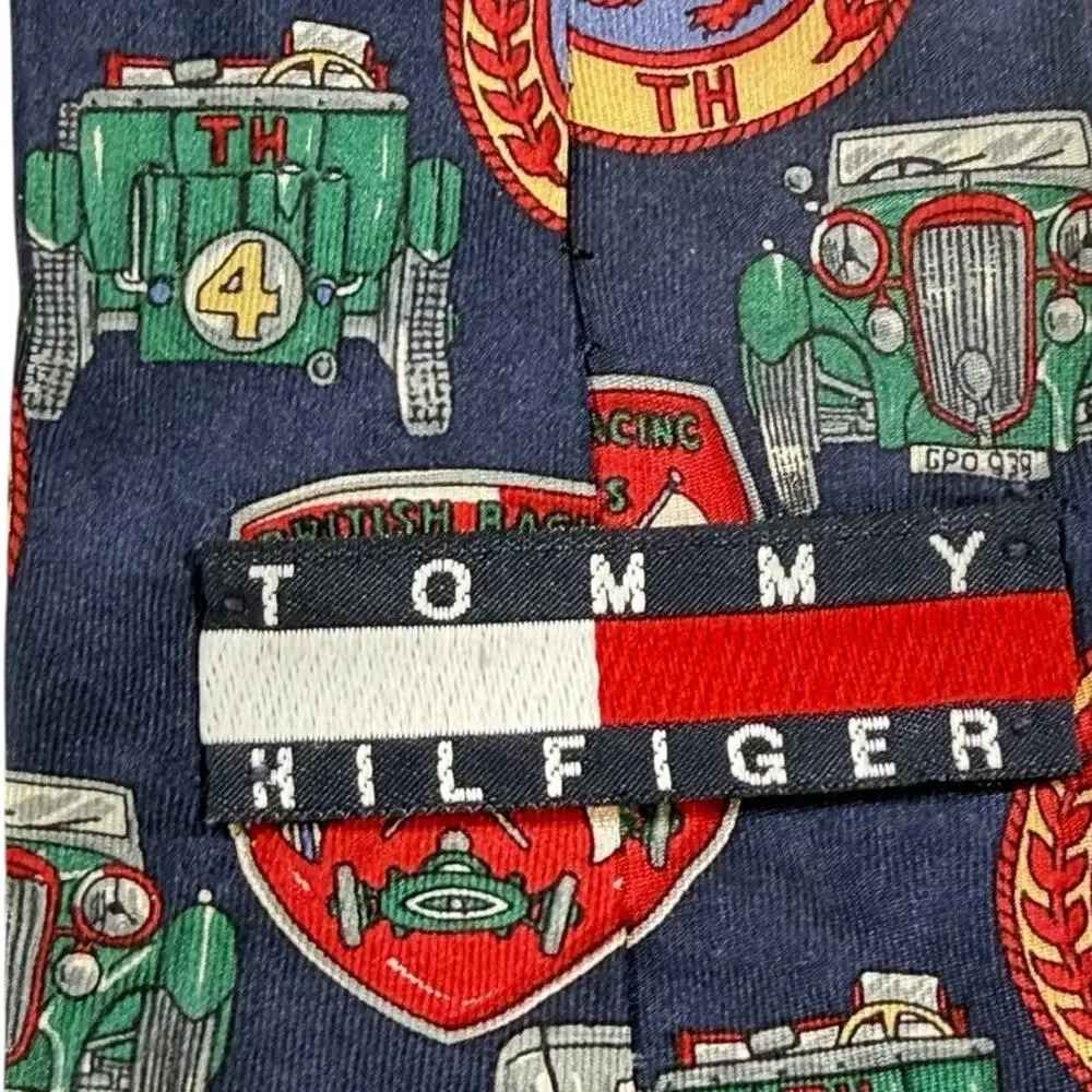 VTG Tommy Hilfiger Silk Necktie Heraldic Crest Shield Race Car Blue Red Made USA